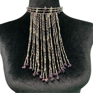 Beaded Multistrand Statement Necklace With Purple Gemstones & Fringe Design